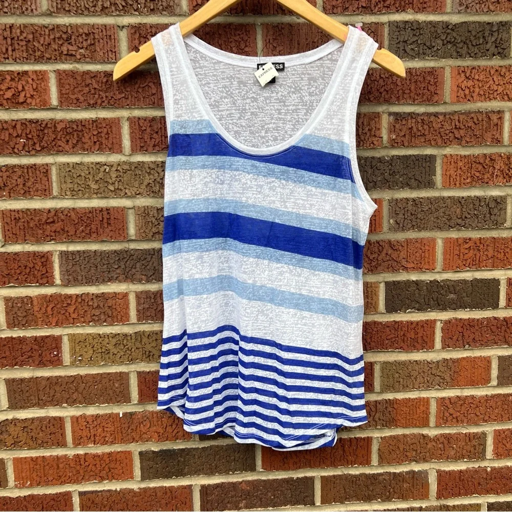 Express White Transparent and Blue Striped Scoop Neck Sleeveless Tank Top